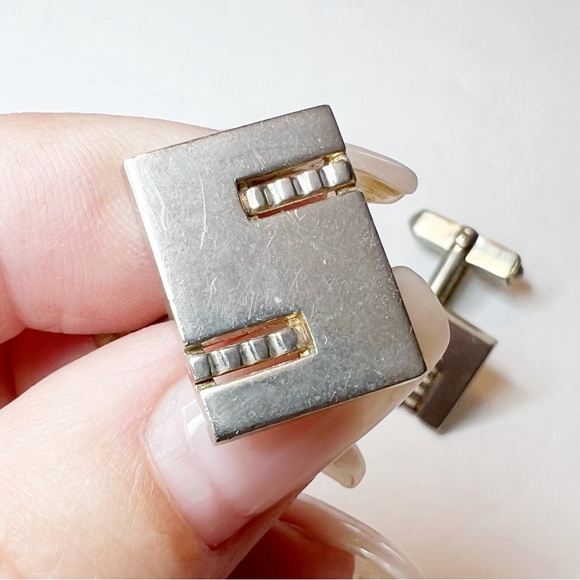 Vintage Swank Silver Tone rectangle cuff links with stuffed bar detail - Picture 3 of 5